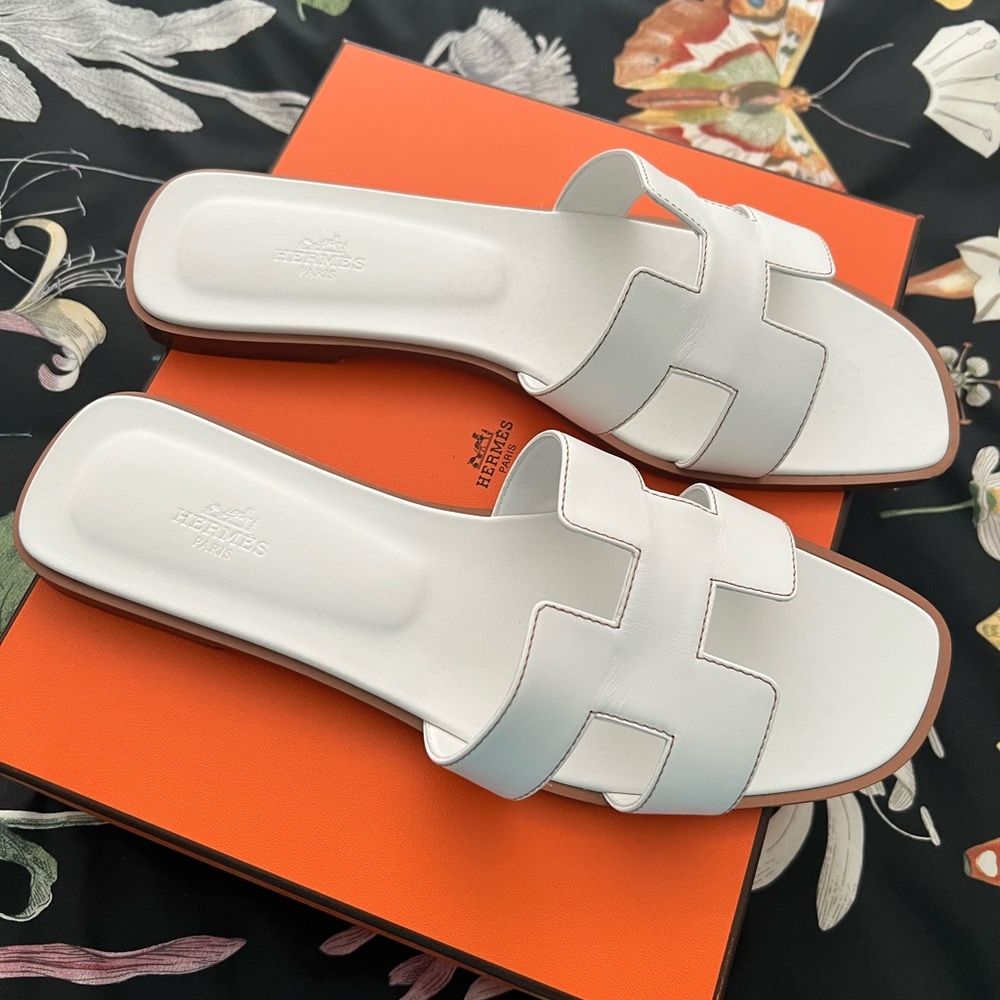 SOLD!!  Nearly New!  Hermes “Oran” Sandals in White Box Calfskin Size 42